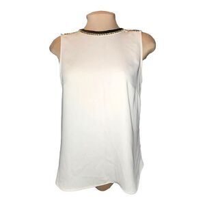 H&M Beige & Black Faux Leather & Metal Beading Trimmed Sleeveless Blouse Size 10